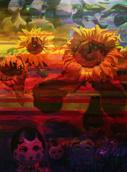 Vibrant To the Light oil painting by Ed Potapenkov with sunflowers and matryoshka dolls