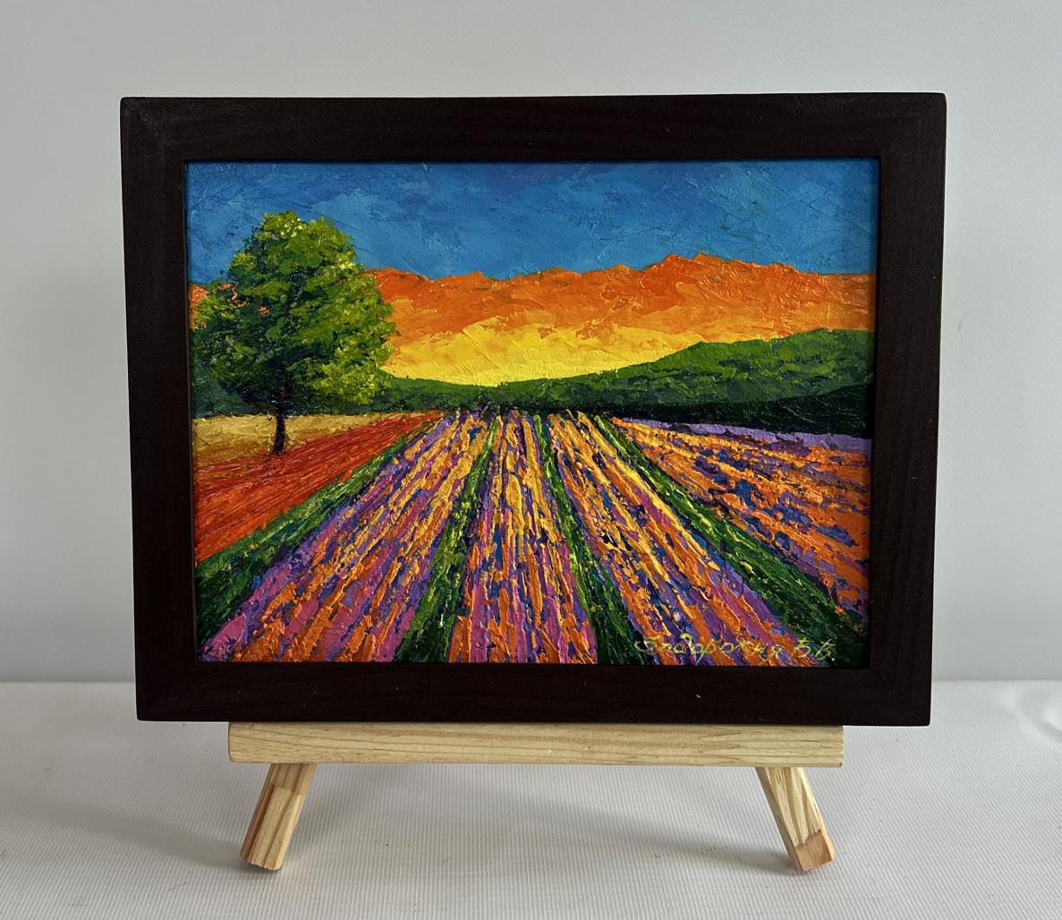 Vibrant oil painting of plowed lavender fields at sunset by V. Zadorozhnya in wooden frame