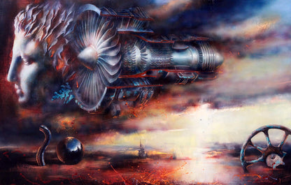 Oil painting Turbine Alexander Dobrodiy: surreal metallic turbine face on dramatic sky