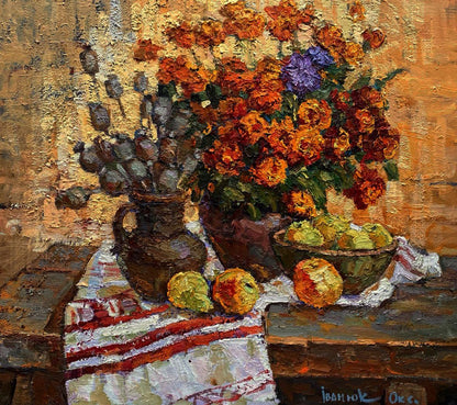 Oil painting by Oksana Ivanyuk: orange purple flowers in brown vase