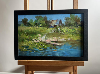 Framed oil painting The road to the river by Yuriy Suprunchuk with serene rural scene