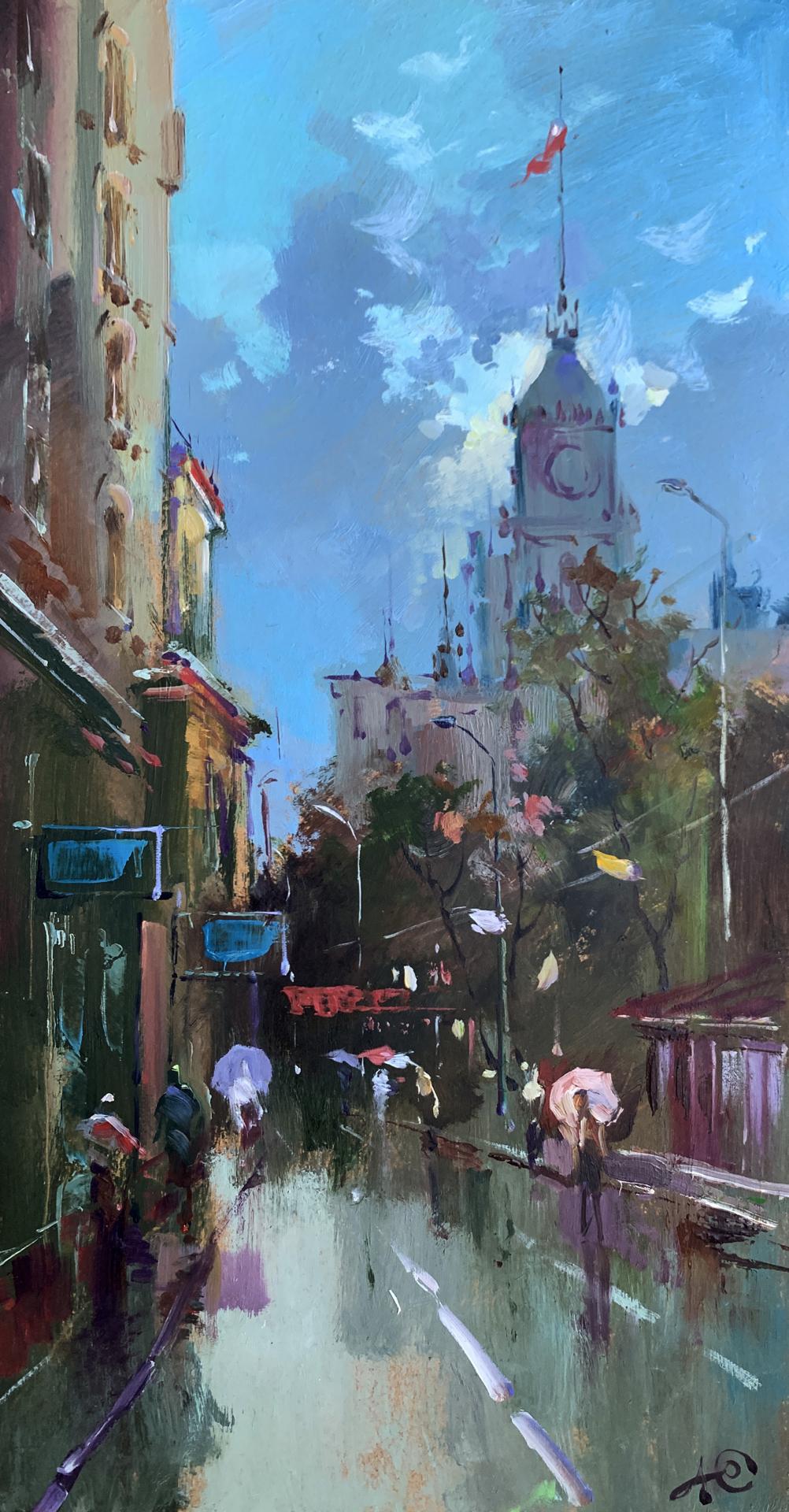 Vibrant impressionist oil painting City Bustle by Yuriy Suprunchuk, rainy street