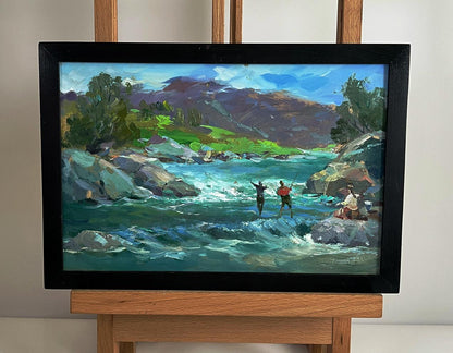 Framed oil painting of vibrant river fishing scene by Yuriy Suprunchuk