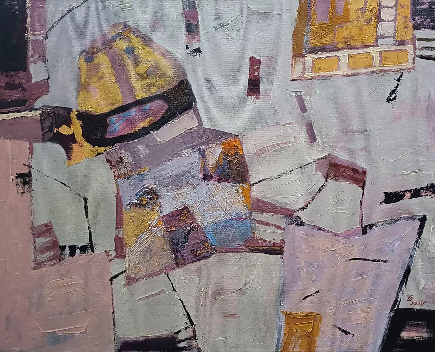 Oil painting Subtle connections by Tatyana Shulyak with yellow black purple geometric shapes