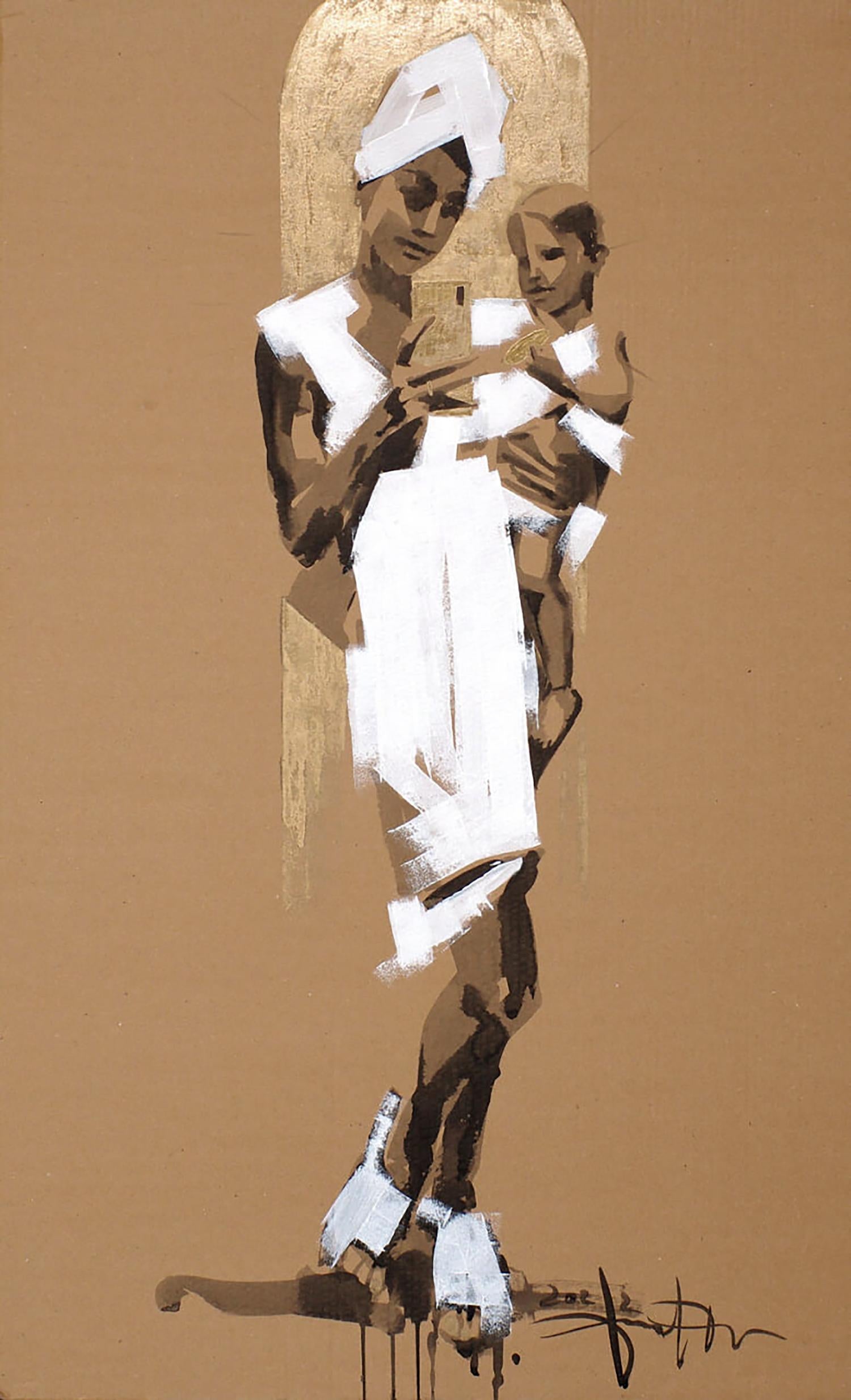 Acrylic painting Madonna by Dima Filatov: woman in white holding child