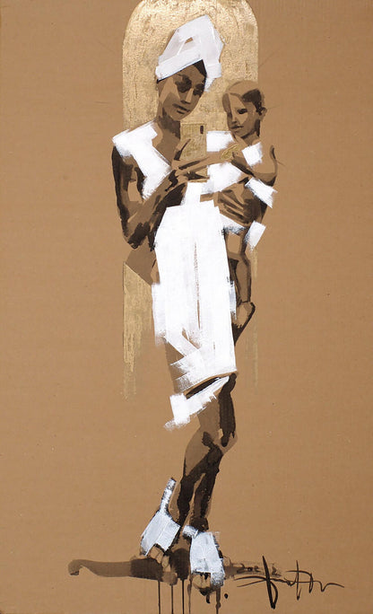 Acrylic painting Madonna by Dima Filatov: woman in white holding child