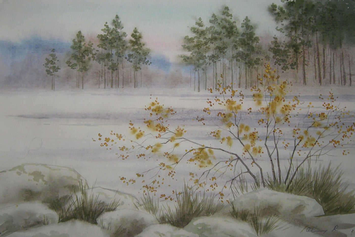 Watercolor painting of snowy winter forest by Valery Savenets