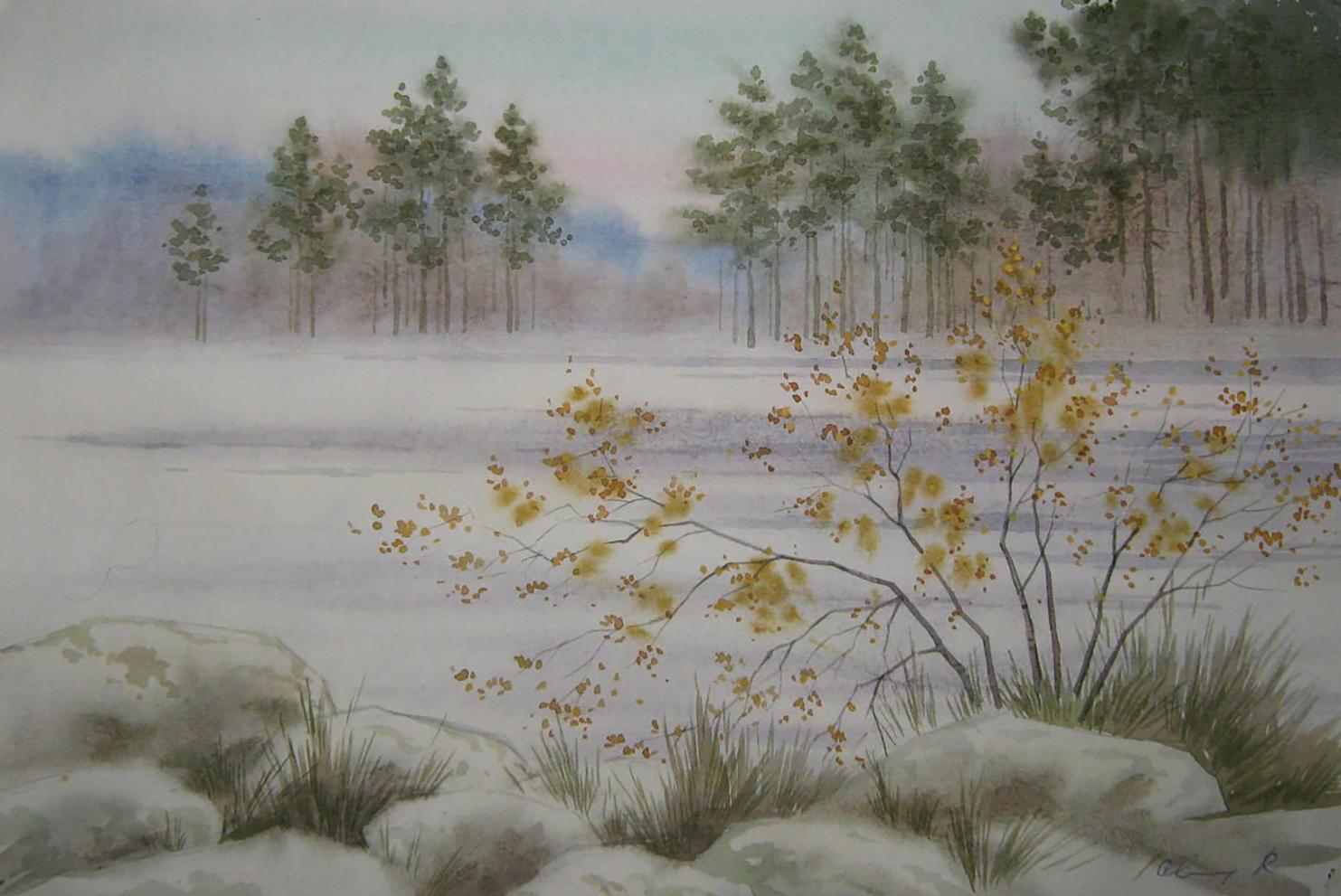 Watercolor painting of snowy winter forest by Valery Savenets
