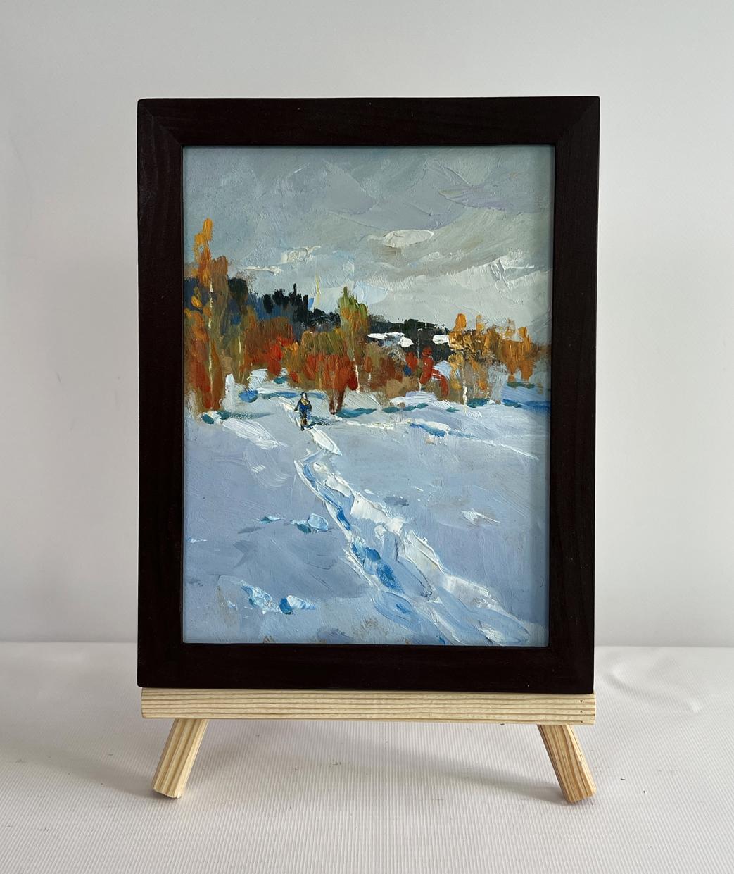 Oil painting Walking in the winter forest by Yuriy Suprunchuk in dark frame