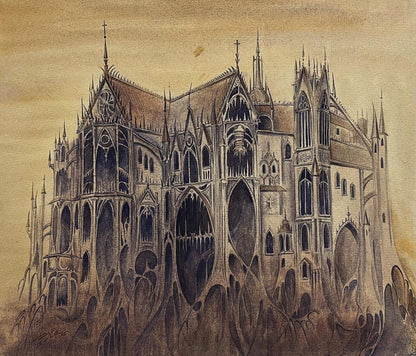Sepia gothic cathedral watercolor by Dmytro Startsev, Inquisition painting