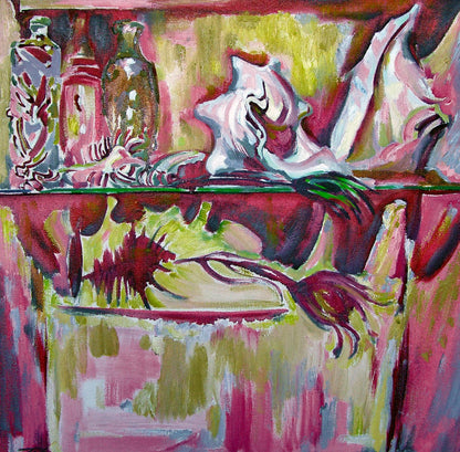 Vibrant oil painting Still life with a sink by Leonid Pavlenko, pink green yellow strokes