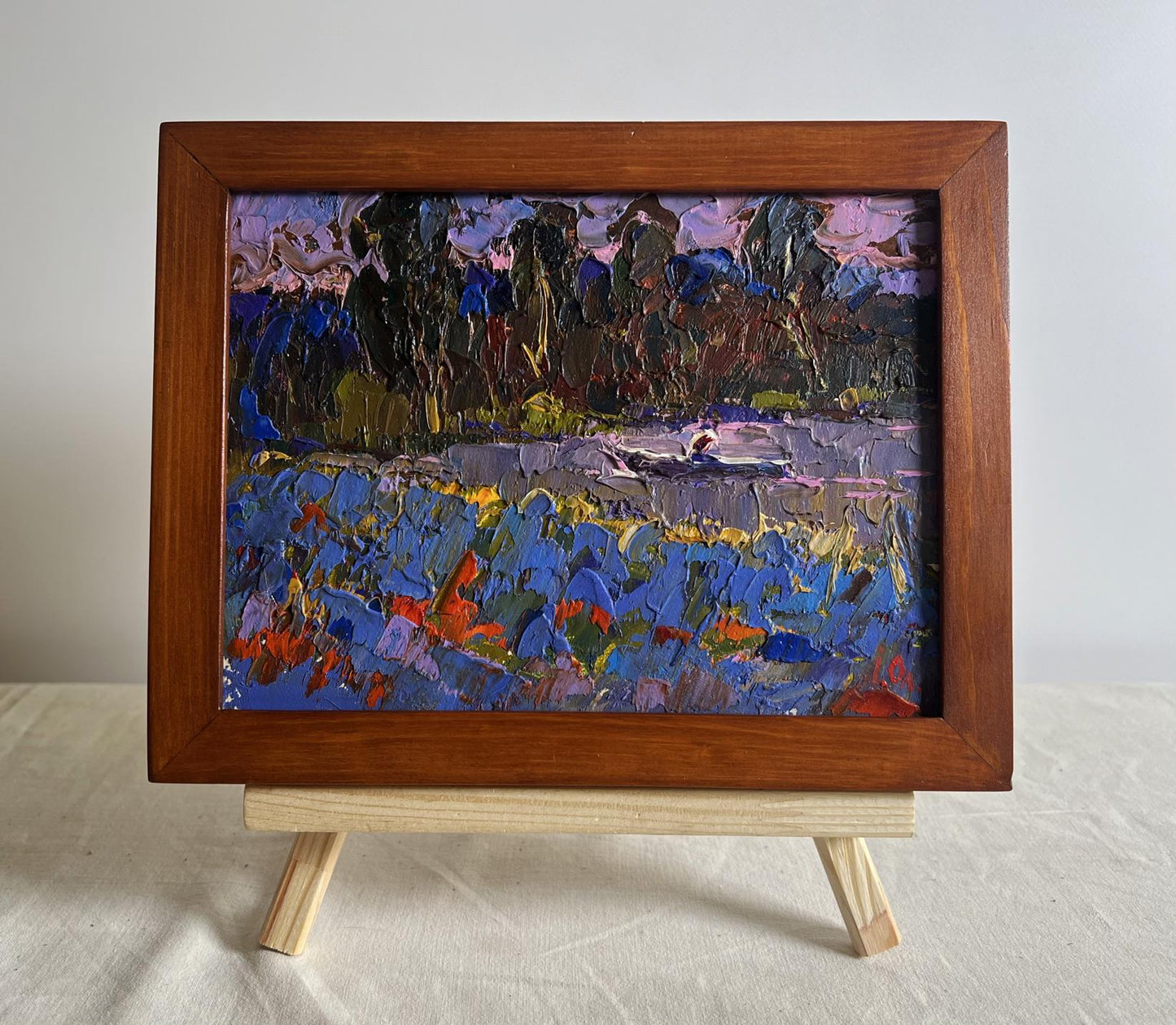 Oil painting In the Evening by the Lake and the Field by Oleksiy Ivanyuk in wooden frame