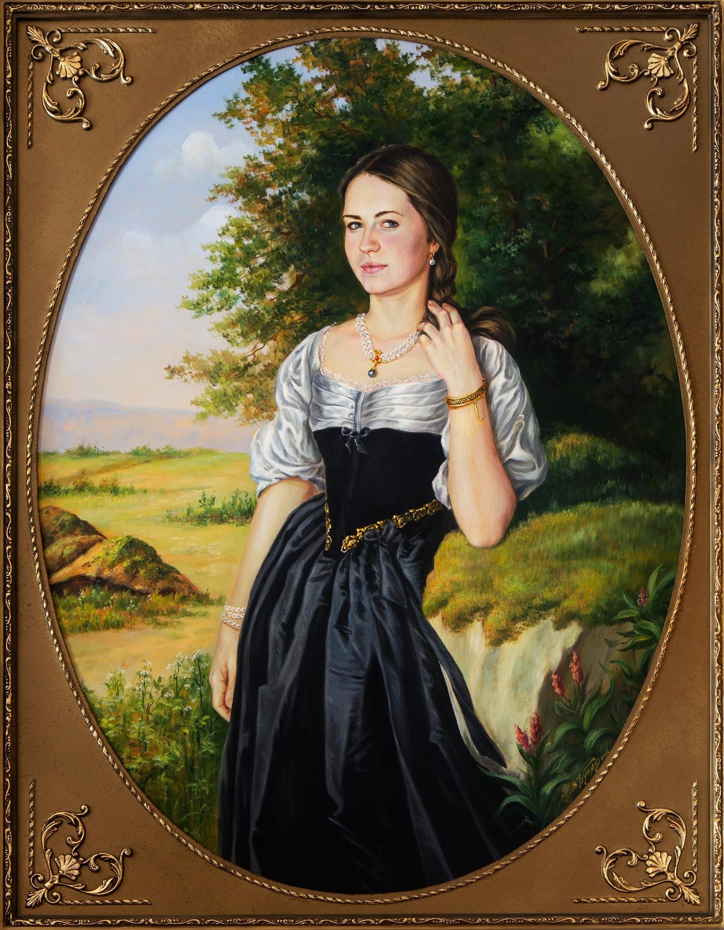 Oil painting portrait of Maria Valeriy Bulat in ornate gold oval frame