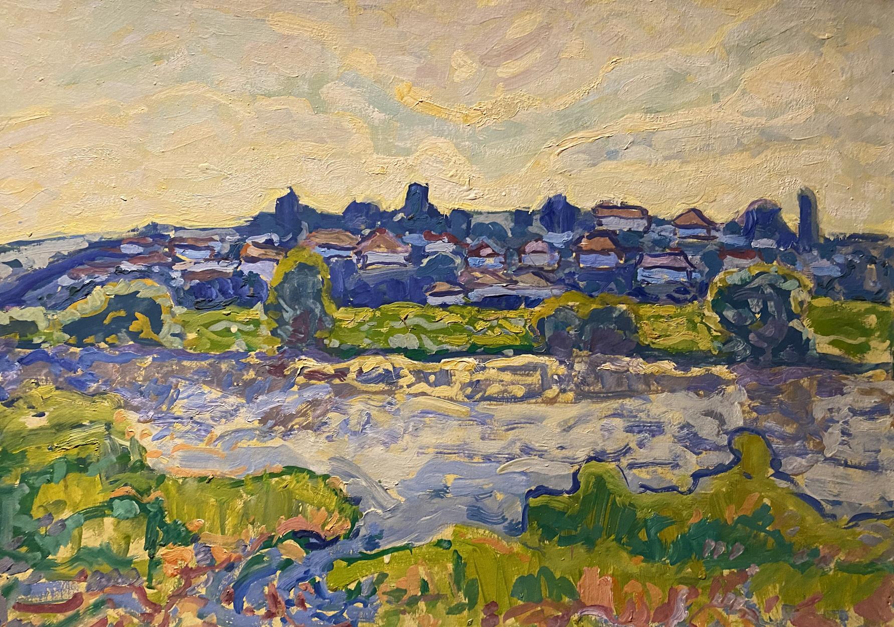 Oil painting Morning in the village by Georgy Kolosovsky vibrant hills scene