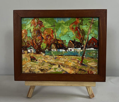 Oil painting Autumn day in the village by Oleksiy Ivanyuk in wooden frame