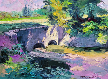 Vibrant impressionist oil painting Dam by Boris Serdyuk, stone arch bridge