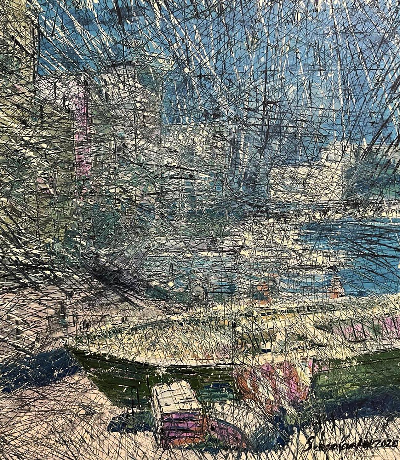 Oil painting Porto by Serhiy Kovalev: abstract harbor in black scribbles