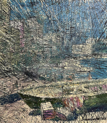 Oil painting Porto by Serhiy Kovalev: abstract harbor in black scribbles