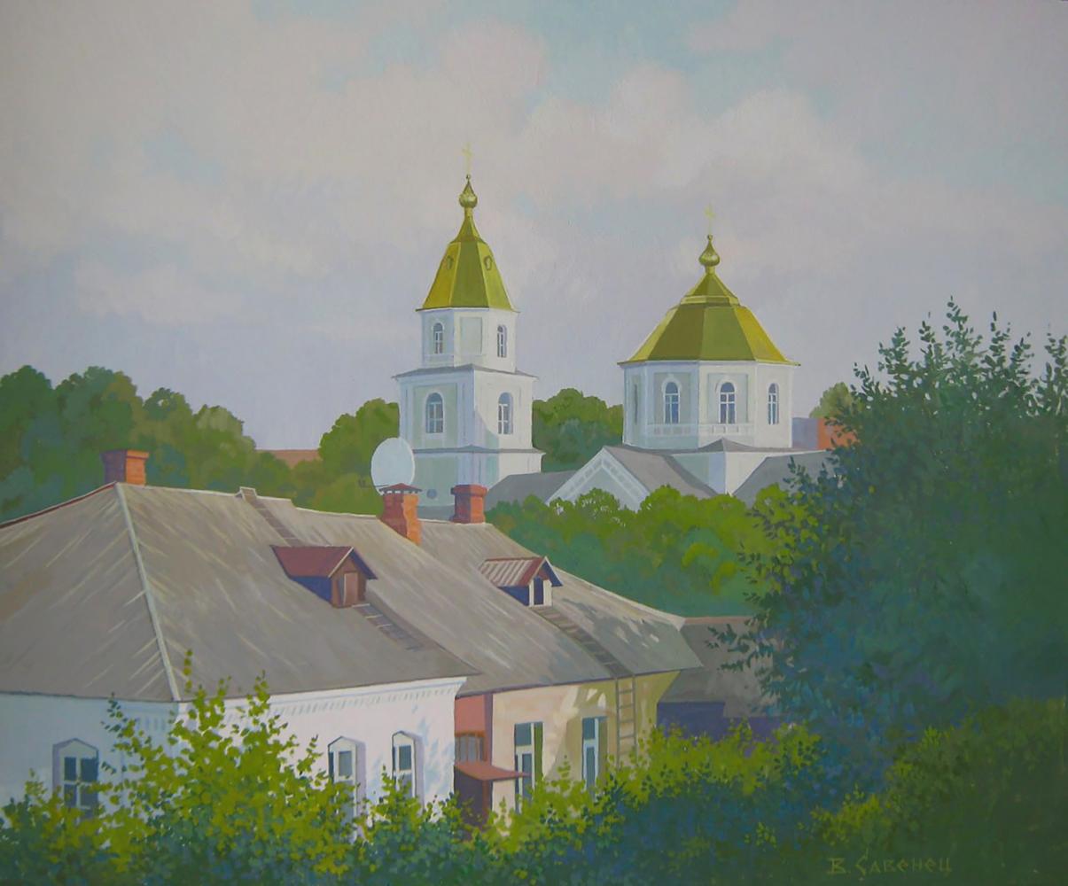 White church with golden domes by Valery Savenets acrylic painting