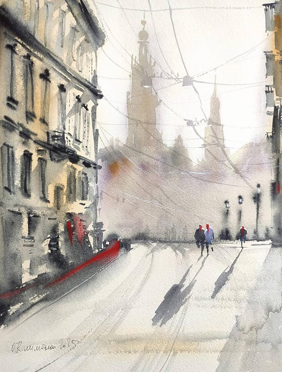 Watercolor painting Winter Morning in the City Olena Klimenko