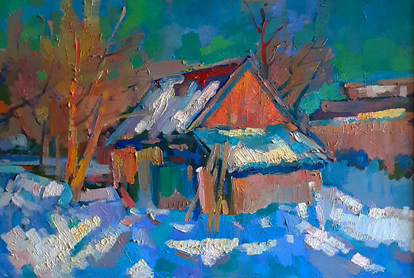 Oil painting Winter snowy morning by Peter Dobrev rustic snowy house