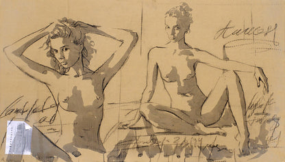 Sepia-toned pencil and ink figure sketches by Dima Filatov on aged paper