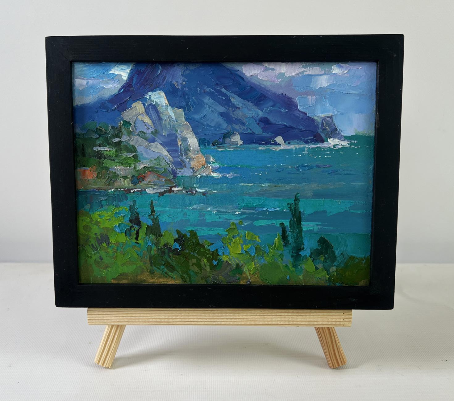 Oil painting The fusion of sea and mountains by Yuriy Suprunchuk in black frame