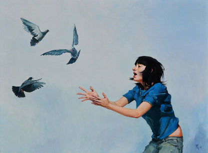 Oil painting So scare a dove by Oleg Kateryniuk: woman reaching for flying pigeons
