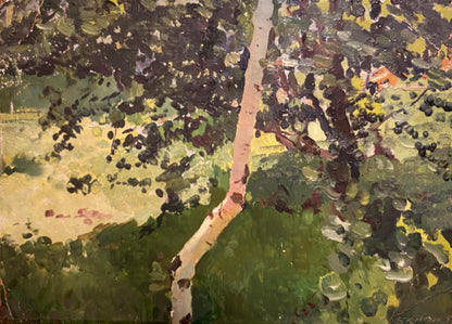 Oil painting Summer sketch by Boris Kolesnik: slender tree in lush foliage