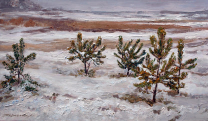 Oil painting Young pines by Leonid Pavlenko snowy landscape