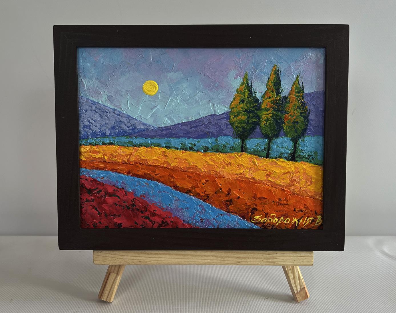 Oil painting Three trees in a field by V. Zadorozhnya, vibrant landscape
