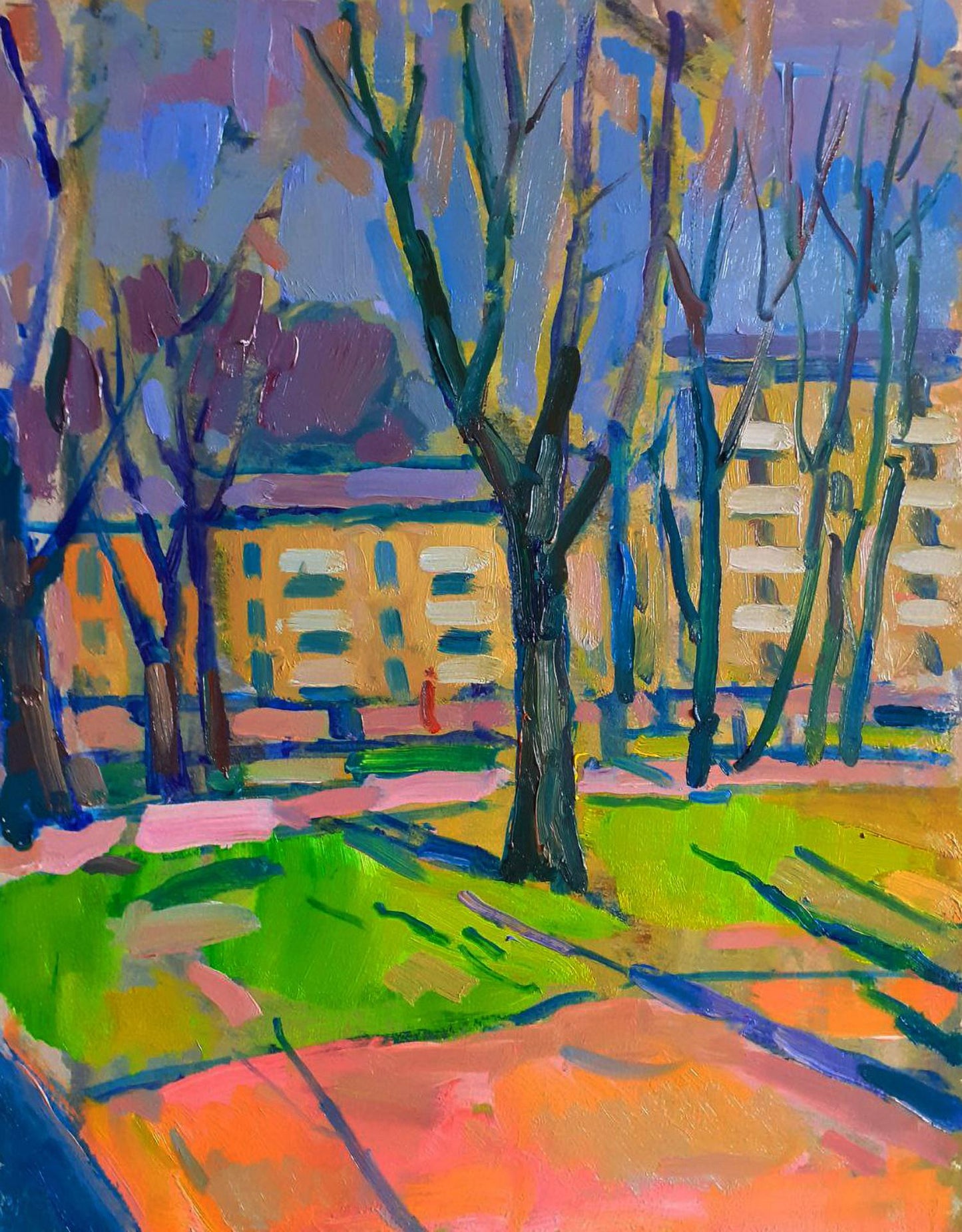Vibrant impressionist oil painting by Pavel Dobrev: park with bare trees, orange pathway to yellow building