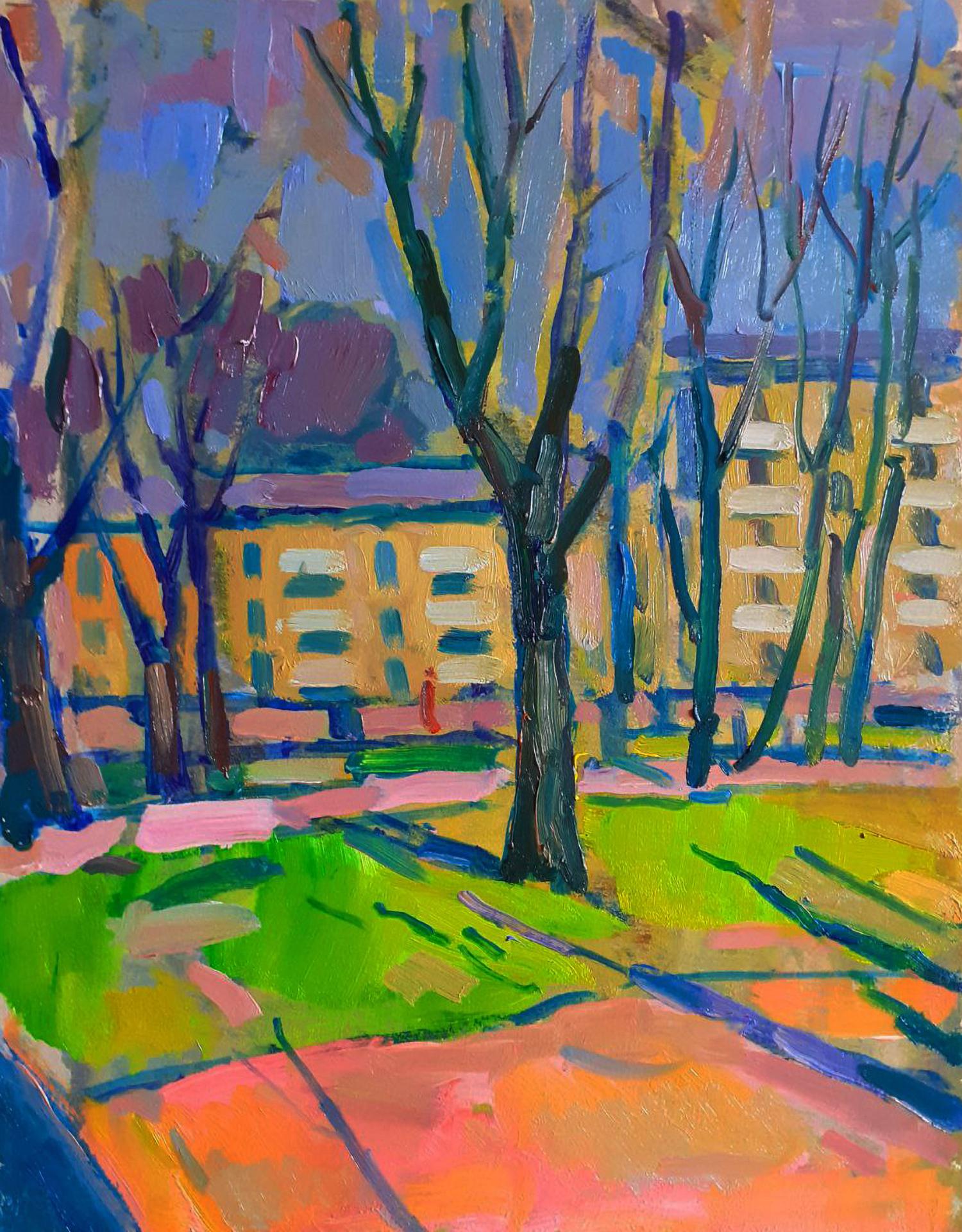Vibrant impressionist oil painting by Pavel Dobrev: park with bare trees, orange pathway to yellow building