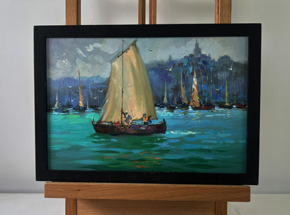 Oil painting of fishermen greeting dawn: sailboat with cream sails on turquoise sea by Yuriy Suprunchuk