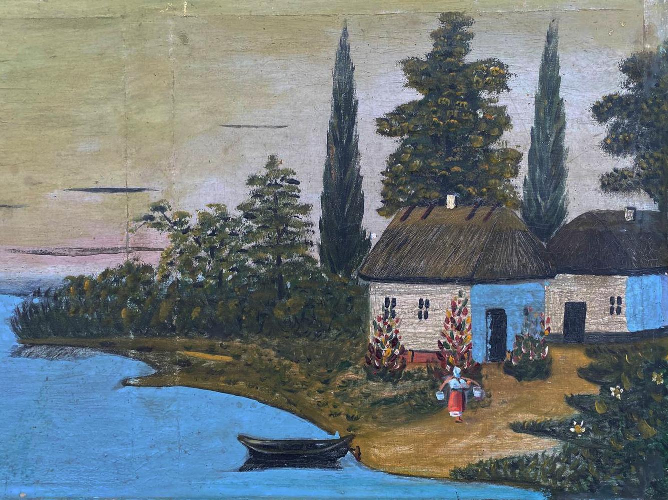 Oil painting of blue thatched cottage by lake with cypress trees