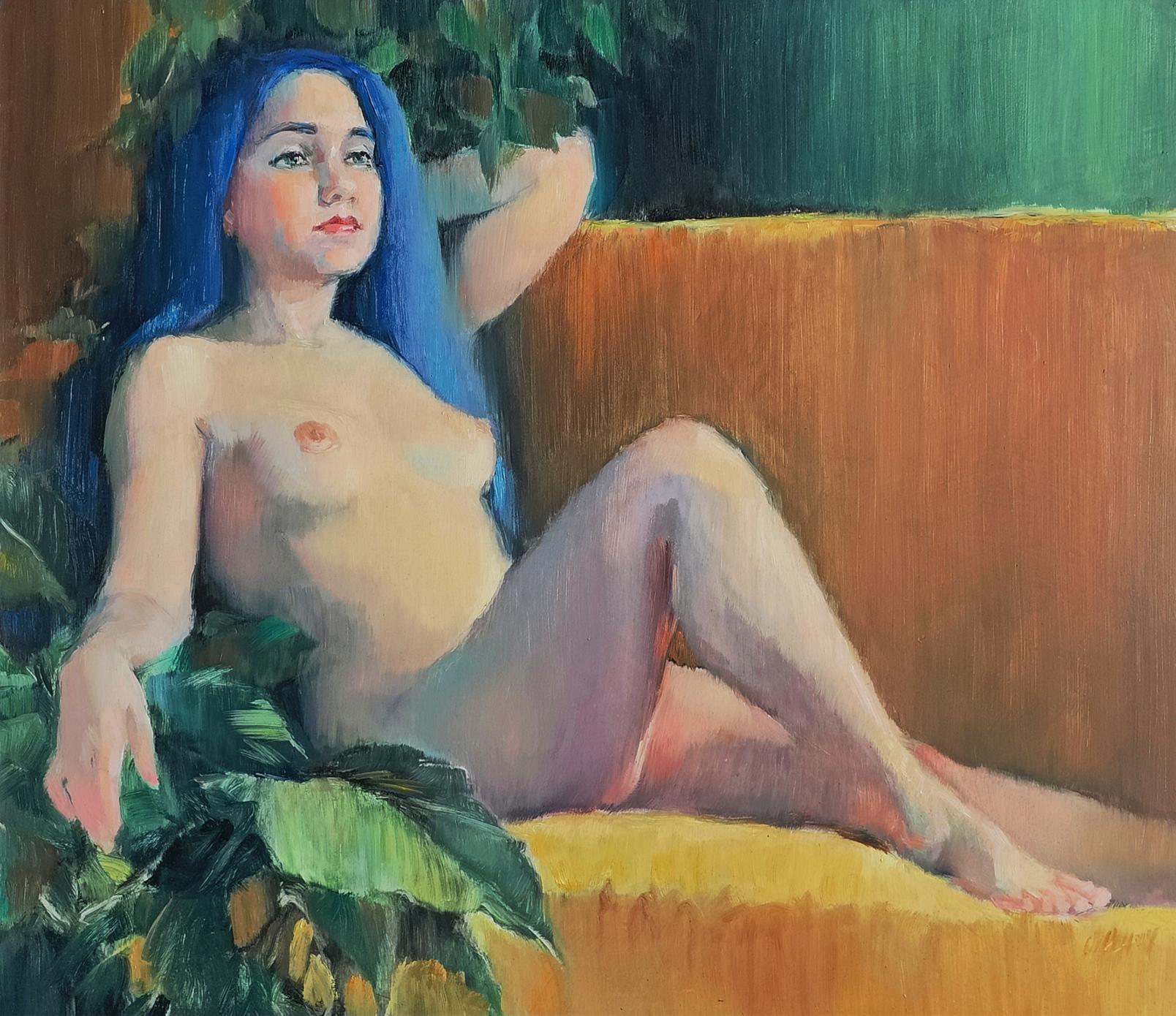 Oil painting portrait of girl with vibrant blue hair by Oksana Osnach