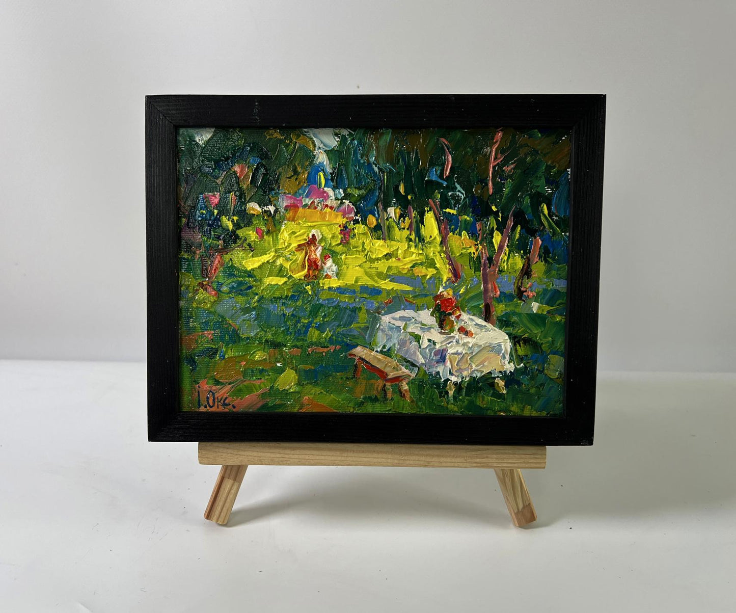 Oil painting In the Morning in the Clearing by Oksana Ivanyuk in black frame
