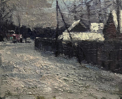 Oil painting Snowy spring by Volodymyr Pashchenko snowy village scene