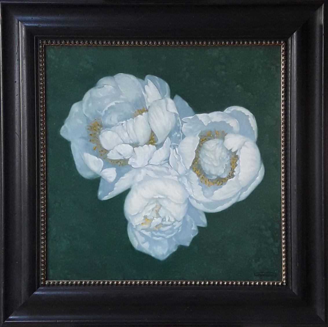 Oil painting by Vasily Korkishko: white peonies on green, ornate frame