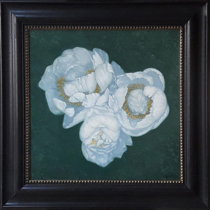 Oil painting by Vasily Korkishko: white peonies on green, ornate frame