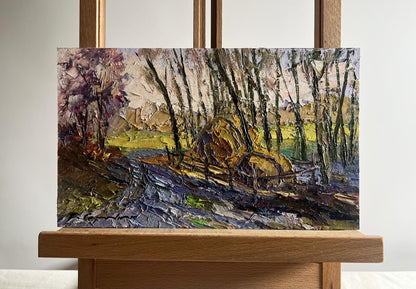 Oil painting March days in the field by Boris Serdyuk, autumn stream landscape
