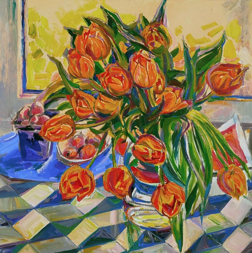 Oil painting of vibrant orange tulips bouquet by Leonid Pavlenko