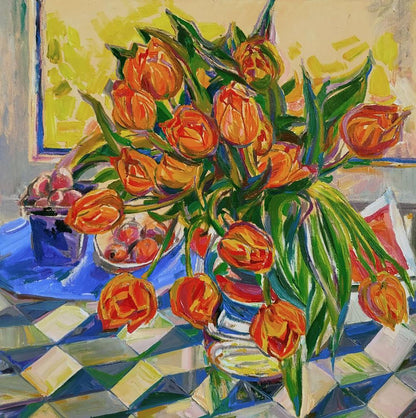Oil painting of vibrant orange tulips bouquet by Leonid Pavlenko