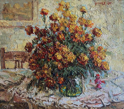 Oil painting of vibrant yellow orange marigolds by Oksana Ivanyuk