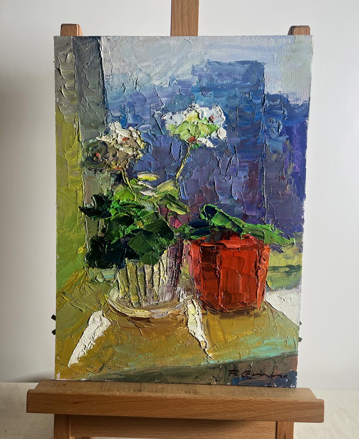 Oil painting Flowers on the windowsill by Boris Serdyuk with potted hydrangeas