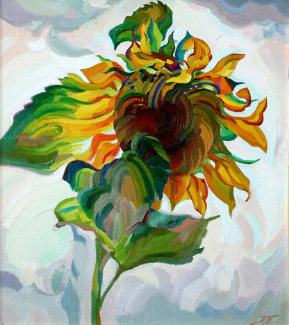 Vibrant impressionistic oil painting of sunflower by Leonid Pavlenko