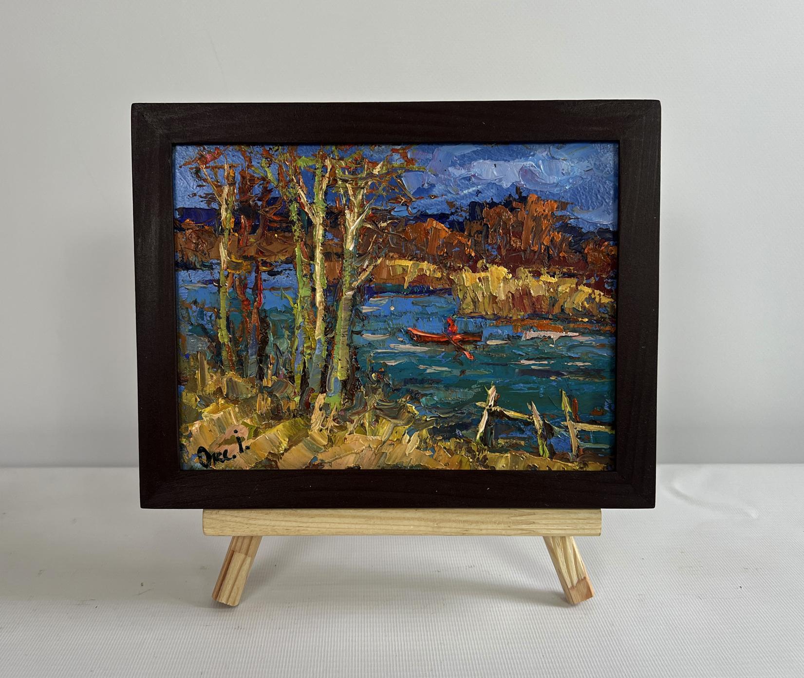 Oil painting Autumn river waters by Oksana Ivanyuk lakeside scene in frame