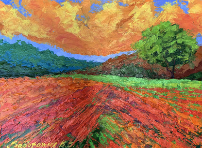 Vibrant impressionist oil painting by V. Zadorozhnya: bright yellow sunset over field