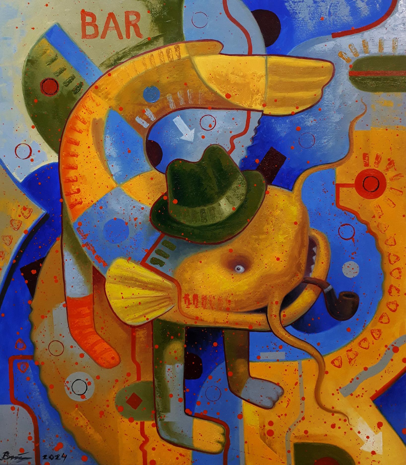 Vibrant oil painting Leaves the bar by Sergiy Voichenko: yellow fish in green fedora smoking pipe
