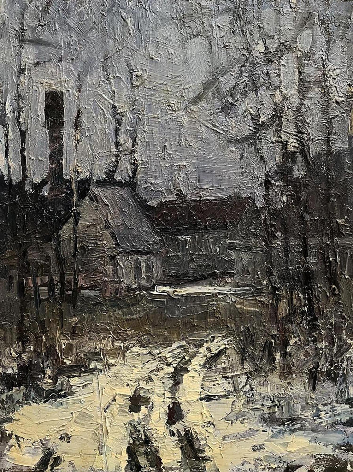 Oil painting High-speed Volodymyr Pashchenko snowy village with dark trees